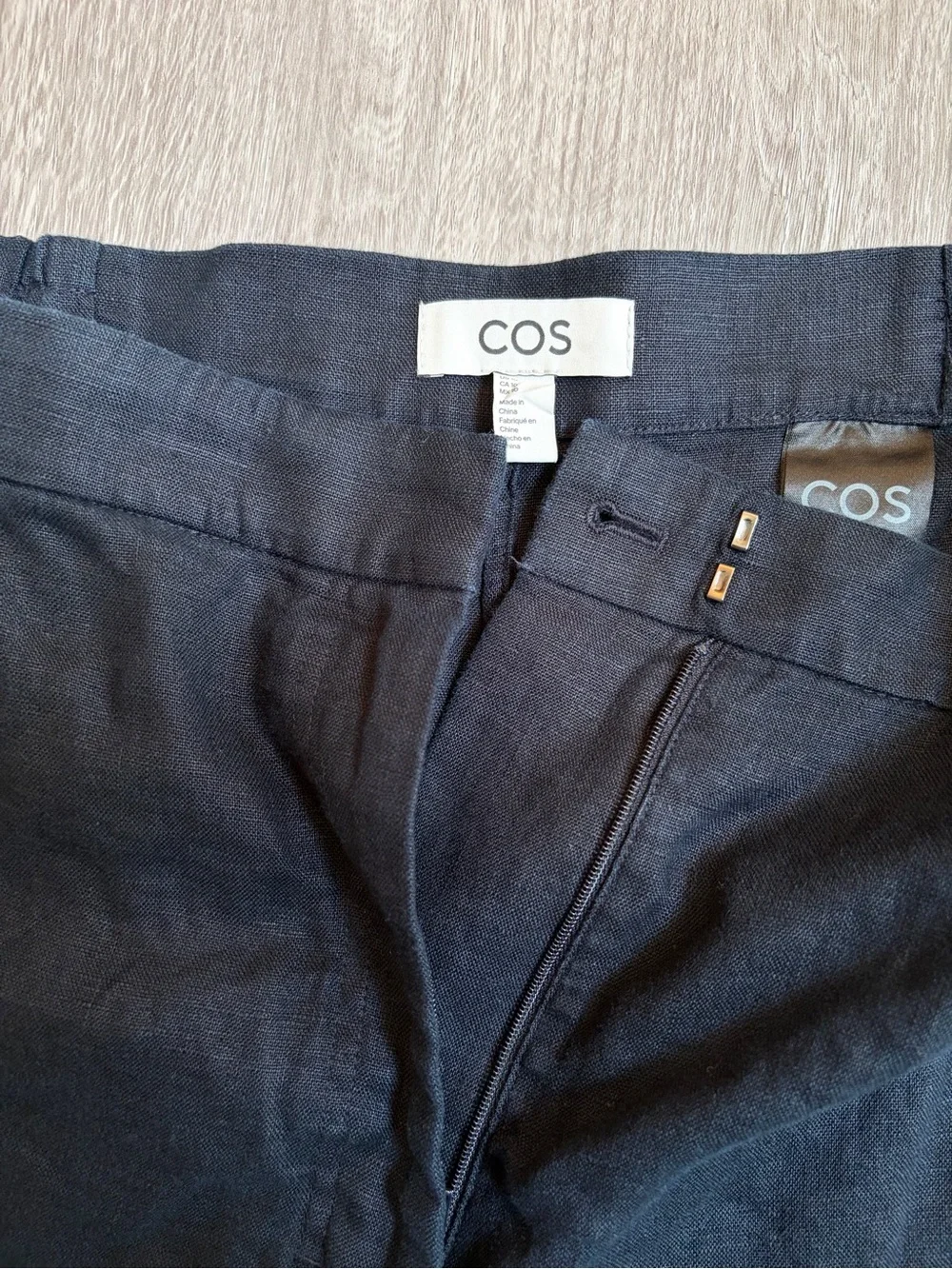 COS 100% Linen Wide Leg Pants Navy High Rise Straight Elastic Waist Women's 10